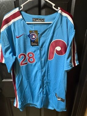 Nike Powder Blue Phillies #28 Button-Front Jersey